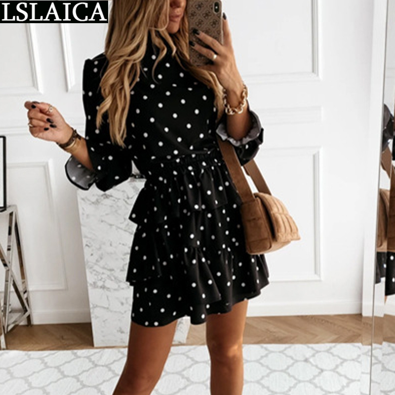Dresses for Women Polka Dot Print Ruffle Woman Dress Fashion Streetwear Sale Party Long Sleeve Mini Vestido De Mujer 210515