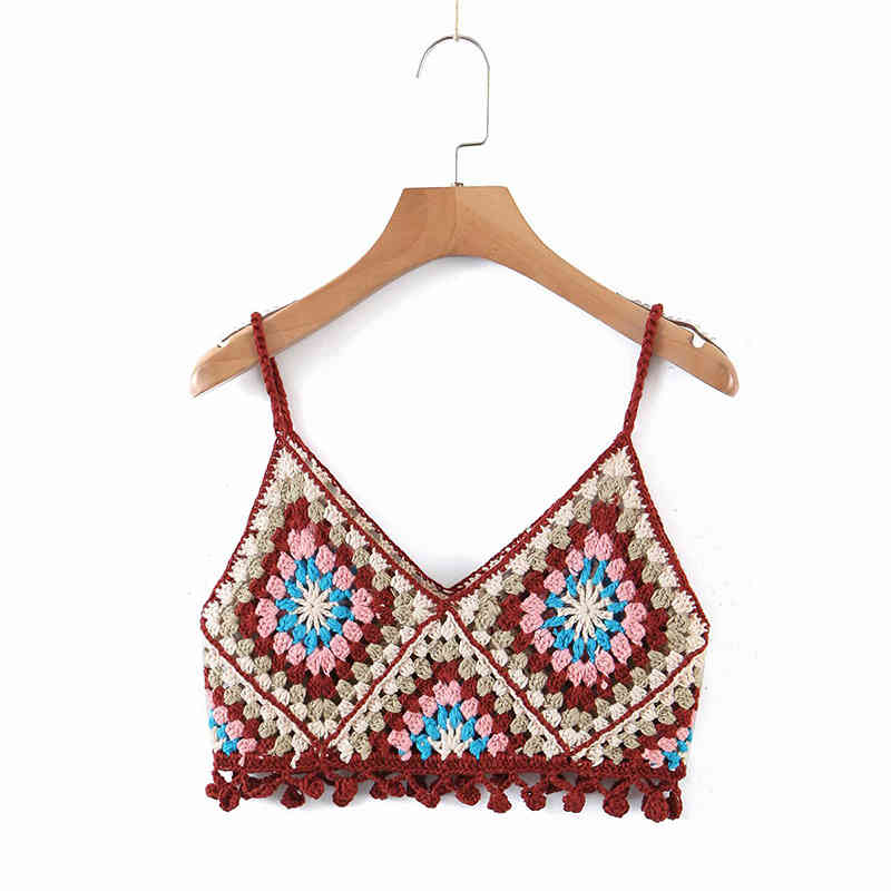 Vintage Ethnic Crochet Cami Top Women V Neck Sleeveless Sexy Tops Ladies Holiday Summer Boho ropa mujer 210430