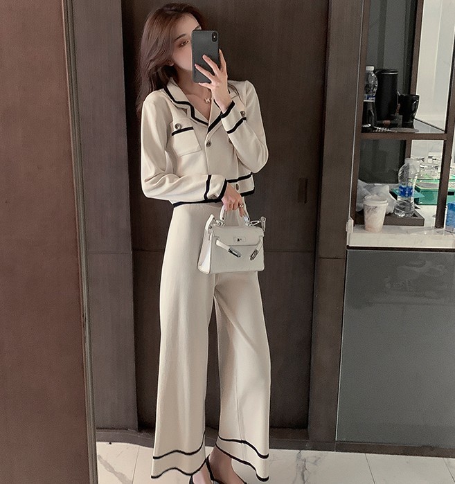 Elegant Women Spring 2 Piece Set Knit Lapel Long Sleeve Double breasted Sweaters Top + Ankle-Length Wide Leg Pant Suits 210519