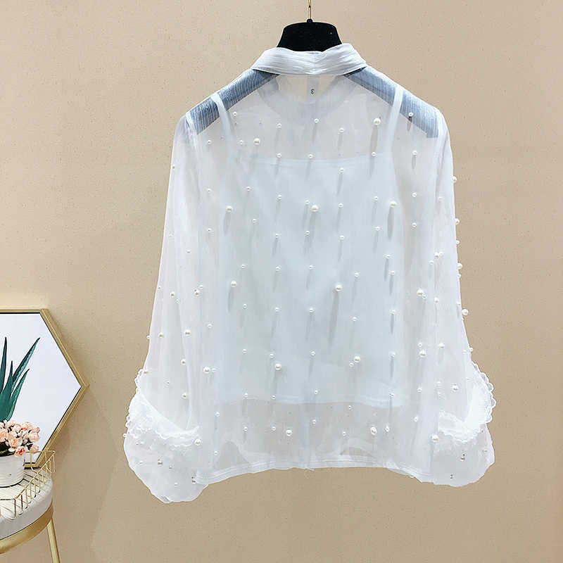 Spring Sweet Bow Solid Beading Full Chiffon Shirts Women Blouse 210615Z