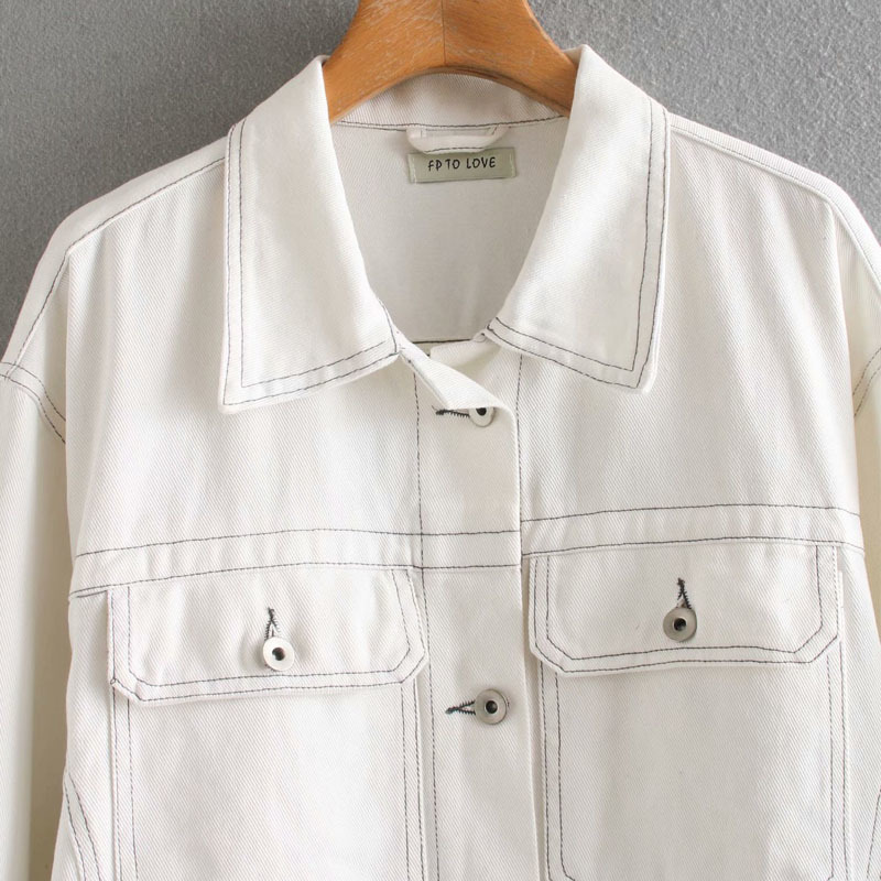 Bright Line Beige Loose Women's Denim Jacket Harajuku Korean Printed Fashion Long-sleeved Single-breasted Chic Female Coat Tops 210507