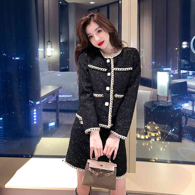 Autumn Women's Two-Piece Sets Elegant Fashion Tweed Single Breasted Jacket Coat + High Waist Mini Skirt Suit Ladies 210519