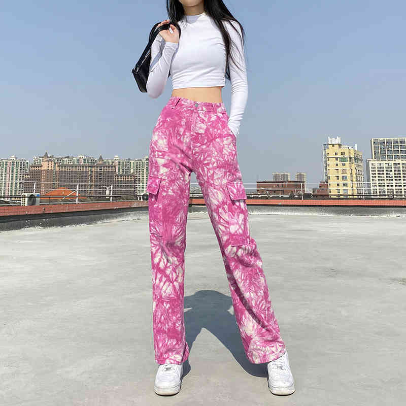 women wide leg jeans Camflouge pink big pocket high waist stright pants casual hip pop trousers 210524