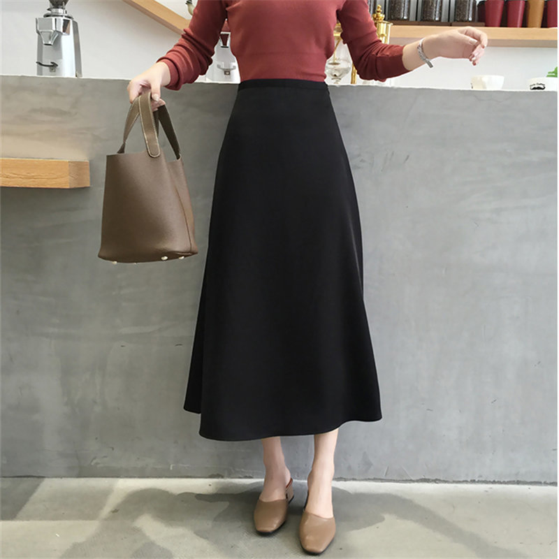 Vintage Solid High Waist Retro Skirt Satin Female Streetwear Plus Size Fashion OL Elegant Long Skirts 210421