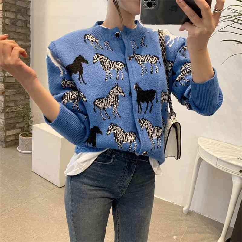 Zebra Knitted Single-breasted Women Cardigan Sweater Spring Autumn Full Sleeve O-neck Korean Vintage Elegant Fashion Jumper 210514