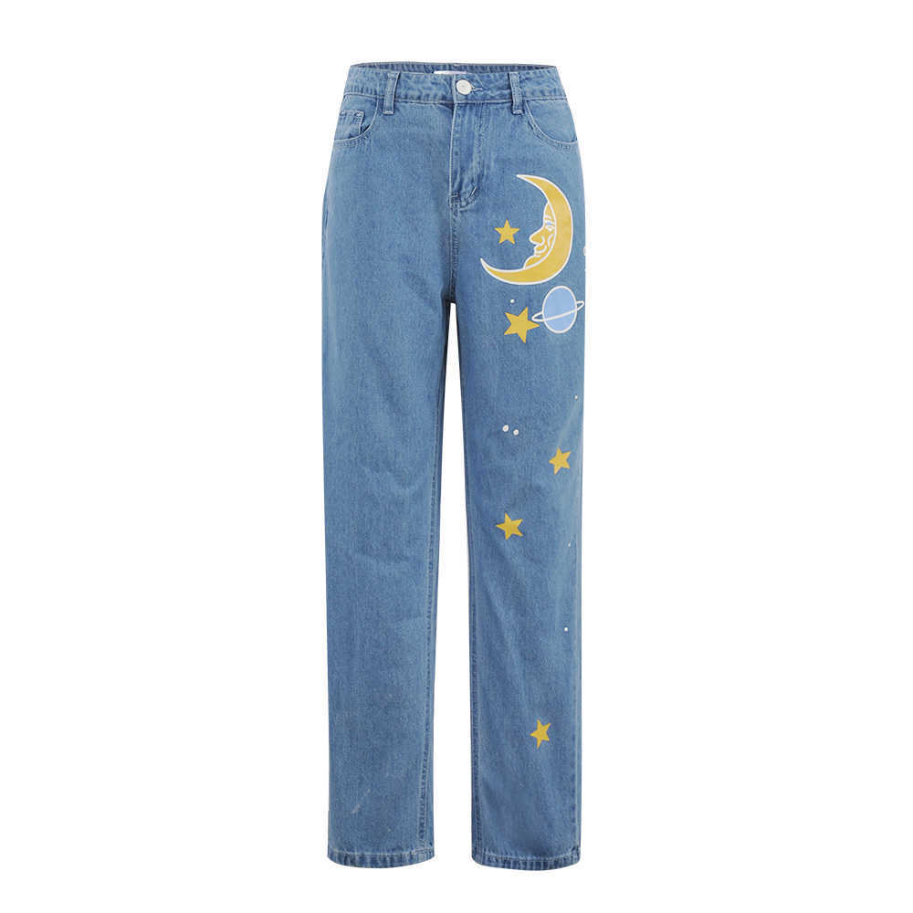 Straight Women's Cute Jeans Baggy Vintage High Waist Moon Star Pattern Young Girls Denim Pants Streetwear Female Long Jeans 210702
