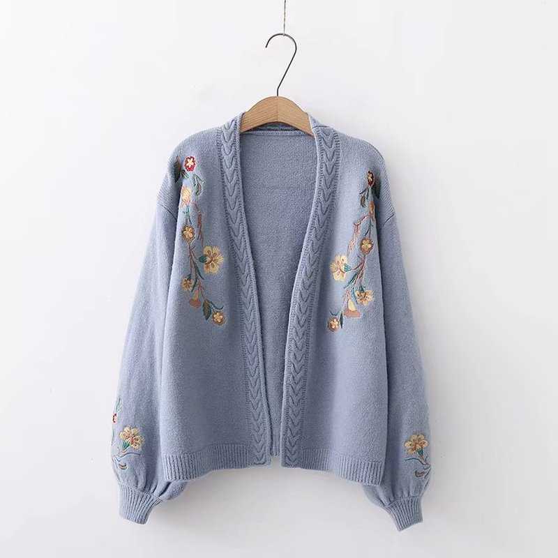 Gagaok Women Knitted Fashion Cardigan Spring Autumn V-Neck Lantern Sleeve Embroidery Floral Thick Loose Harajuku Female Sweater 211011Z