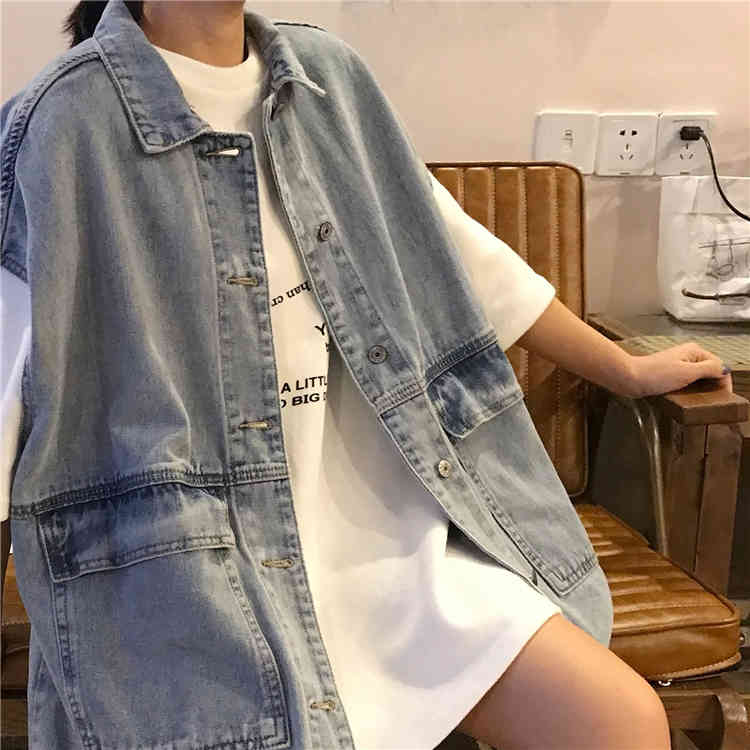 2 colors Waistcoats Women Vests Female Spring Summer korean Womens Loose Sleeveless denim jackets with big pockets (78131 210423