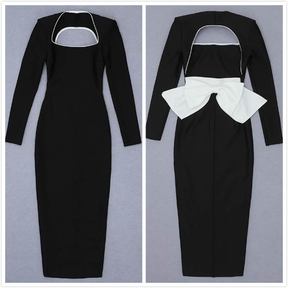 Free Women's Black Halter Bandage Dress Sexy Square Neck Long Sleeve Bodycon Bow Club Party Midi Vestido 210524