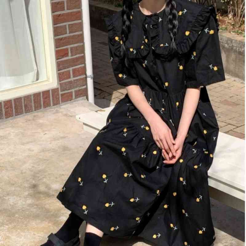 Nomikuma Floral Embroidery Woman Dress Sweet Peter Pan Collar Short Sleeve Dresses Korean Chic Summer Causal Vestidos 6H319 210427