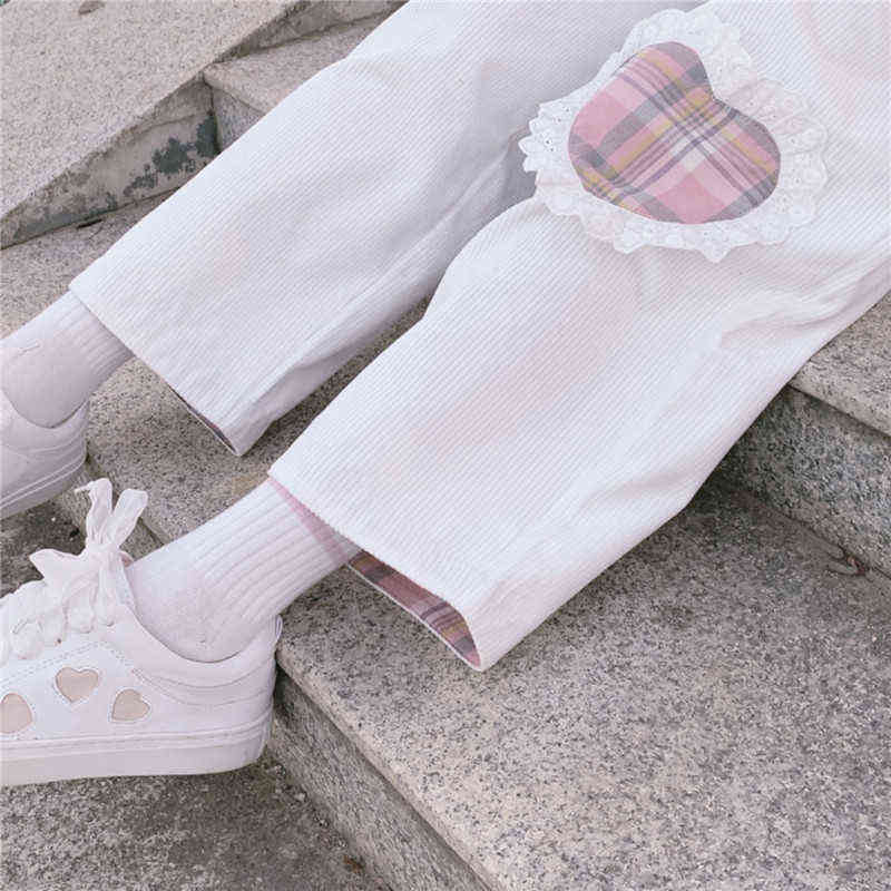 Japanese Harajuku Wild Cute Soft sister Casual Corduroy Kawaii Straight Pants Teen Girls Love Heart Patch Loose Students 211124