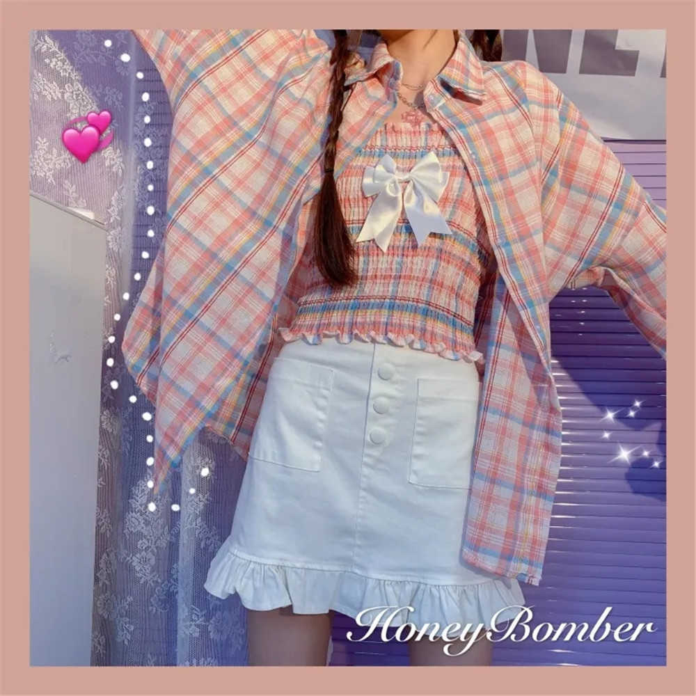 Women Summer Sun Protection 2pcs Set Loose Purple Thin Batwing-Sleeve Plaid Shirts +Sexy Sleeveless Sling Corset Harajuku Wild 210619wtt