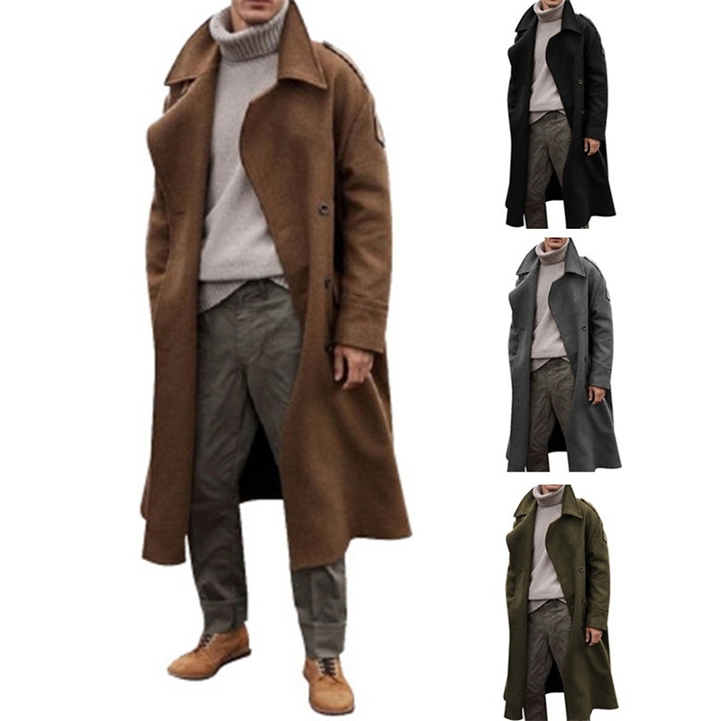 New men' long woolen coat in autumn and winter 2019 super long knee coat, Black