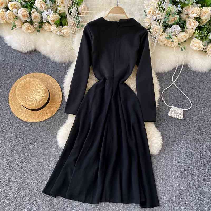 LoveFlowerLife Autumn Winter Vintage V Neck Long Sleeve High Waist Dress Solid Elegant Fashion Women Party Dresses 210521