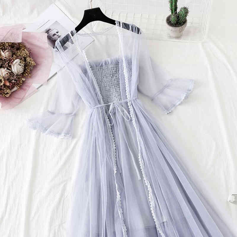 Women Suits Sweet Mesh Dress Flare Sleeve Sunscreen Cardigan + Pearl Sling Long Dress Female Princess Dress 2 Piece Set 210521