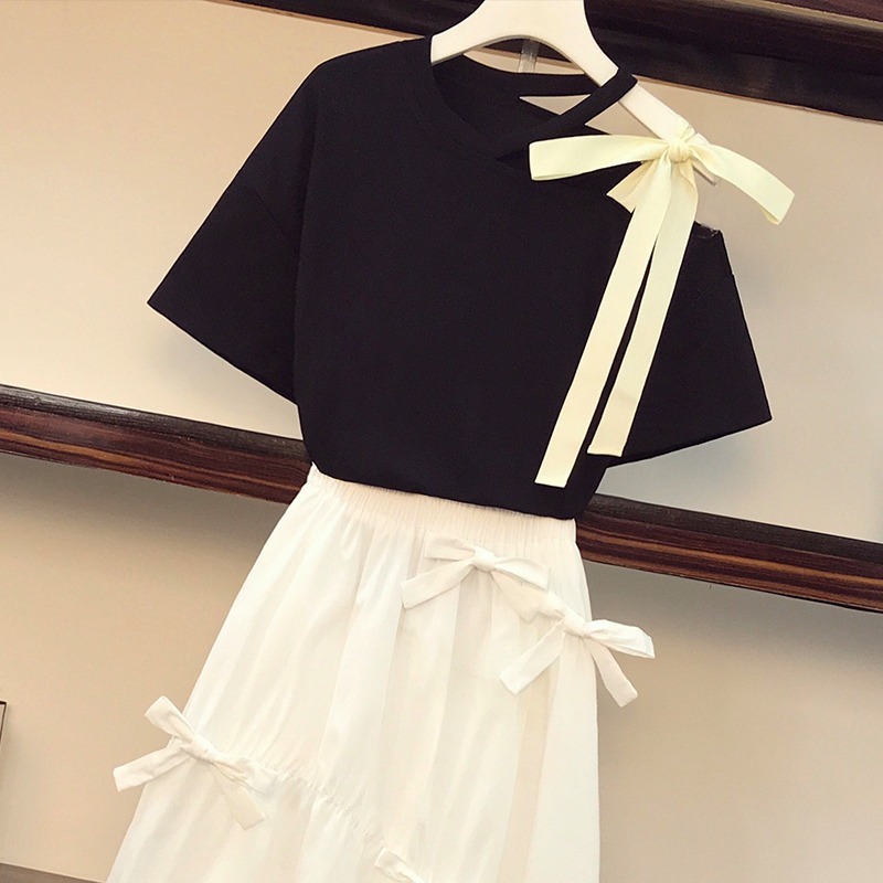 plus size Summer korean 2 piece set Women Sweet Sexy One Shoulder Black T-Shirt and High Waist White Bow Midi Skirts Suit Female 210519