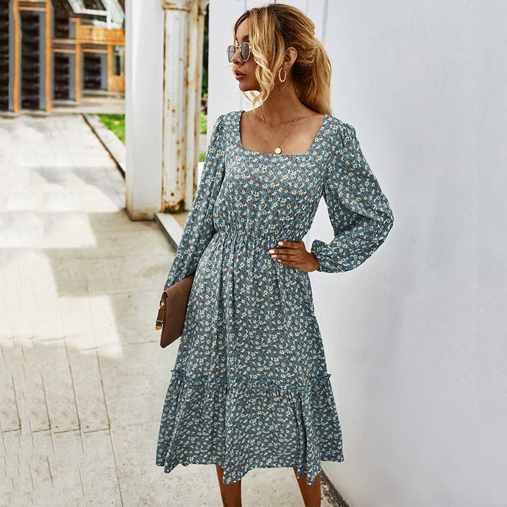 Women Long Dress Autumn Winter Long Sleeve Elegant Ladies Flower Square Collar Dresses Party Black Clothes For Woman 210707