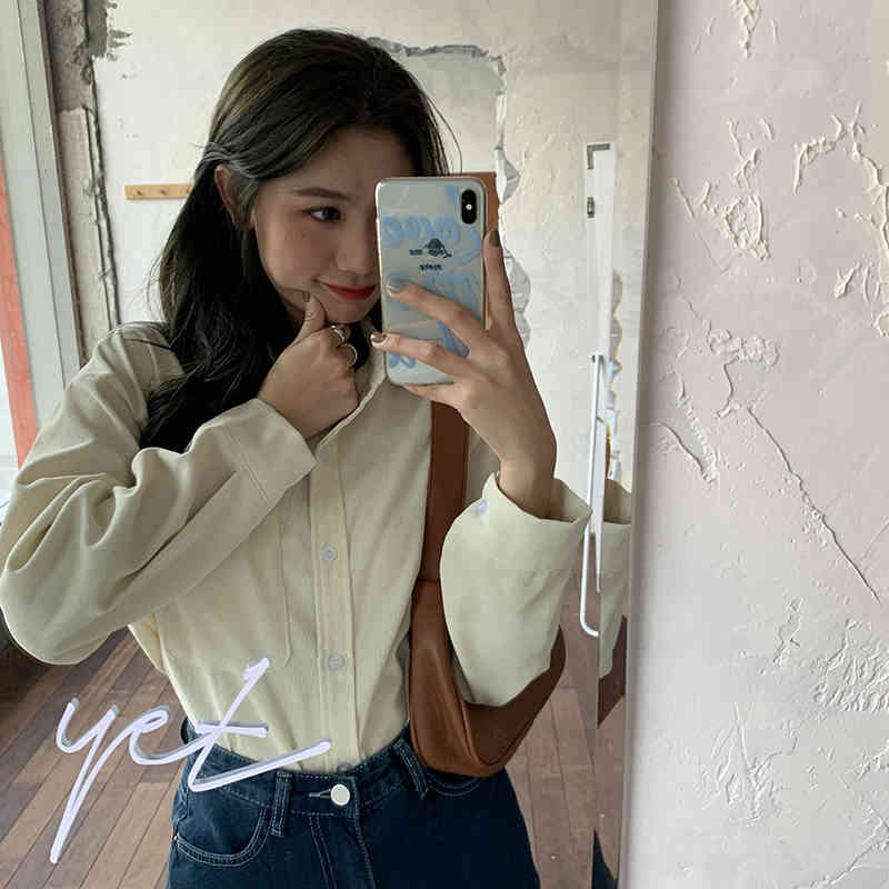 Beige Full Sleeves Corduroy Solid Chic Students Fashion Korean Girls Loose Slim All Match Office Lady Shirts 210421