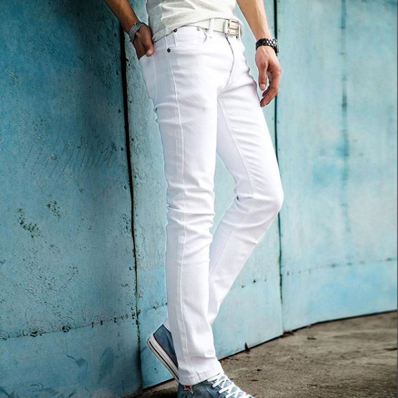 Trendy 2021 Spring Summer Cowboy Men's White Feet Jeans Korean Style Slim Casual Teenagers Pencil Pants Men