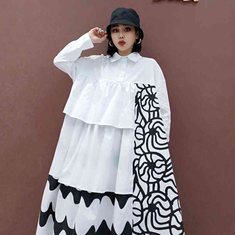 SHENGPLLAE Personality Printed Dress Women's Spring Lapel Three Button Large Size Long Sleeve Mid-calf Dresses 5B806 210427