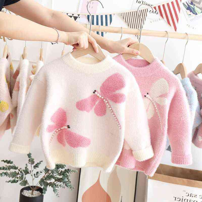 Sweaters Girl Dragonfly Pattern Mink Fleece Winter Clothes Kids Pullover Knitwear Sweater Children Clothing 211104