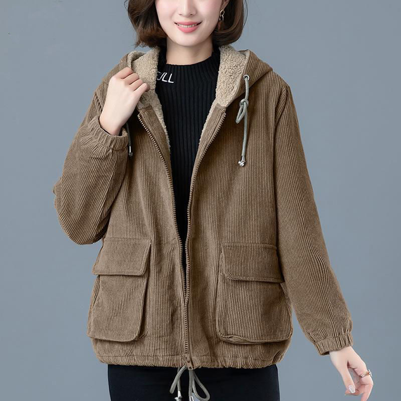 Women Corduroy Coats Autumn Korean Plus Size Velvet Hooded Jackets Female Casual Drawstring Big Pocket Short 210522