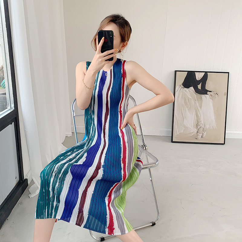 Pleated Vintage Dress Summer Sleeveless Striped Print Dresses Women's Fashion Clothing 2D3588 210526