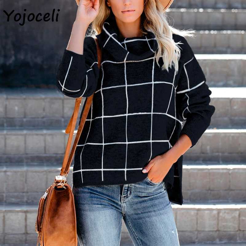 Yojoceli comfy knit sweater women turtleneck plaid jumper pullover tops casual autumn winter 210609