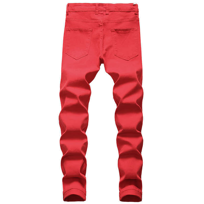 Men Ripped Jeans White Red Black Stretch Slim Fit Spring Autumn Denim Pants Distressed Hip Hop Streetwear Biker Jeans Pants X0621