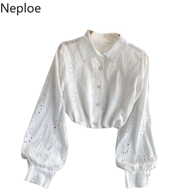 Neploe Chic Blouses Women Heavy Hollow Out Embroidery Shirts Lantern Sleeve Sweet White Blouse Korean Blusas Mujer De Moda 210422