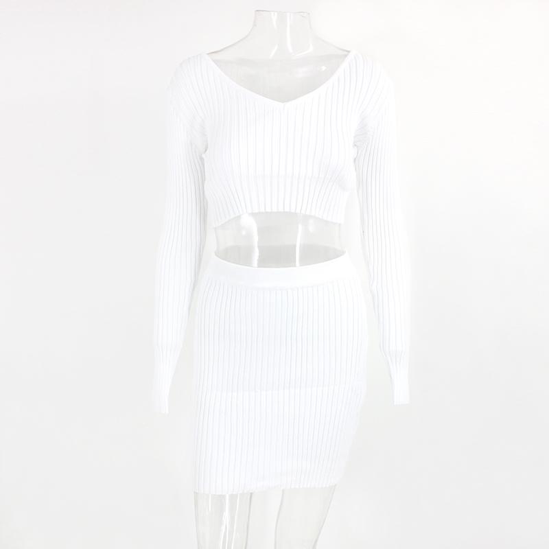 Fuedage White 2 Piece Set Women Knitted Suit Crop Top Mini Dress Long Sleeve Two V Neck Female Matching Outfits