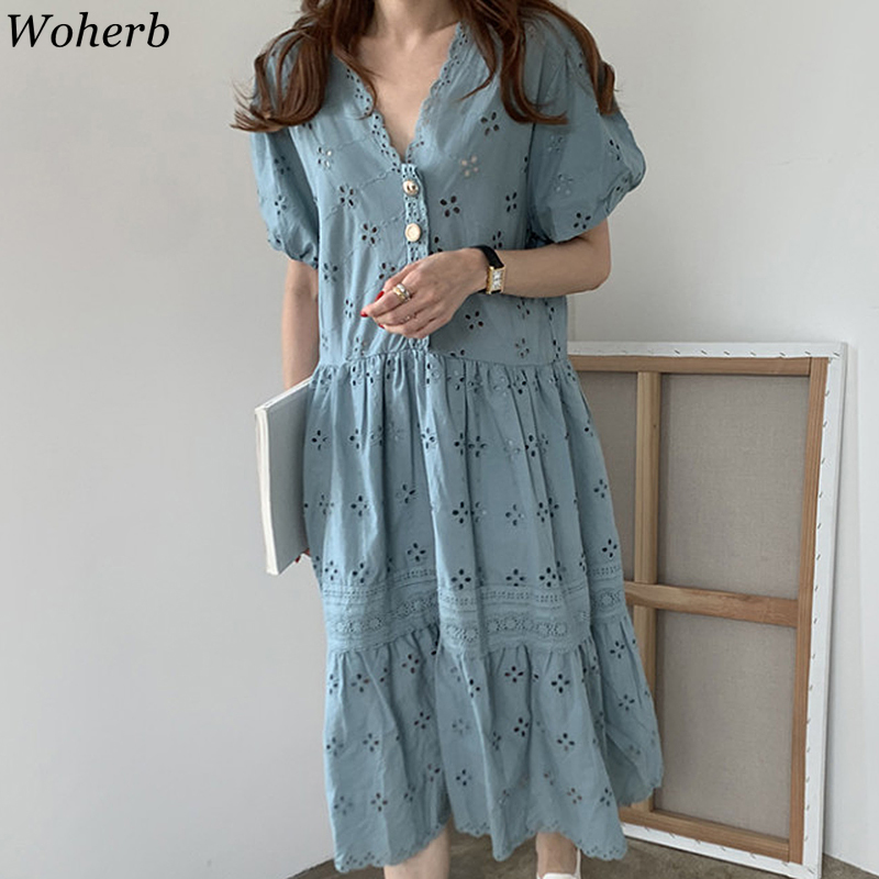 V-neck Woman Summer Maxi Long Dress Lace Hollow Out Puff Sleeve Sexy Robe Loose Ladies Dresses Vintage Korean Vestidos 210519