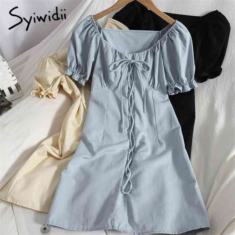 Dress for Women Summer Korean Back Elastic V-Neck Puff Sleeve with Belt Office Lady Dresses Blue Black White 210607
Dress for Women Summer Korean Back Elastic V-Neck Puff Sleeve with Belt Office Lady Dresses Blue Black White 210607