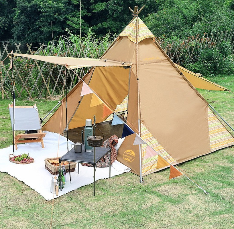 Outdoor 4-Person Indian Pyramid Family Parent-Child Camping Sunshade with Foyer Rainproof Tent(The logistics price Pls Contact us)