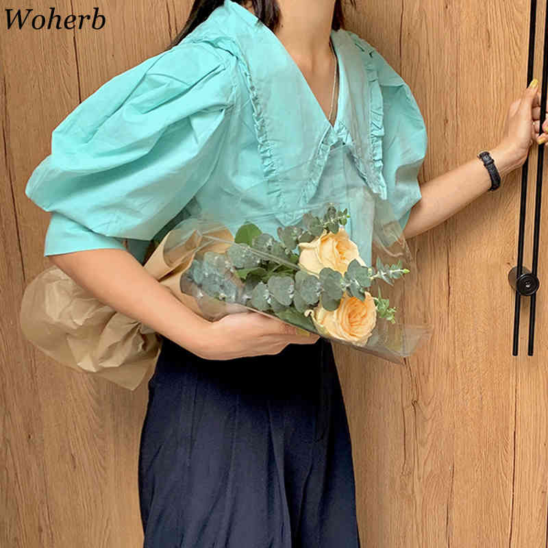 Short Puff Sleeve Vintage Blouse Women Casual Solid Tops Korean Chic Summer Sweet Cute Blusas Elegant Button Shirt 210519