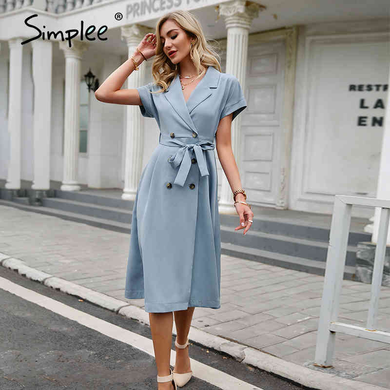 Simplee Summer blue office high waist belt ladies dress Chic elegant aline women dress Bat short sleeve Casual female dress 210409