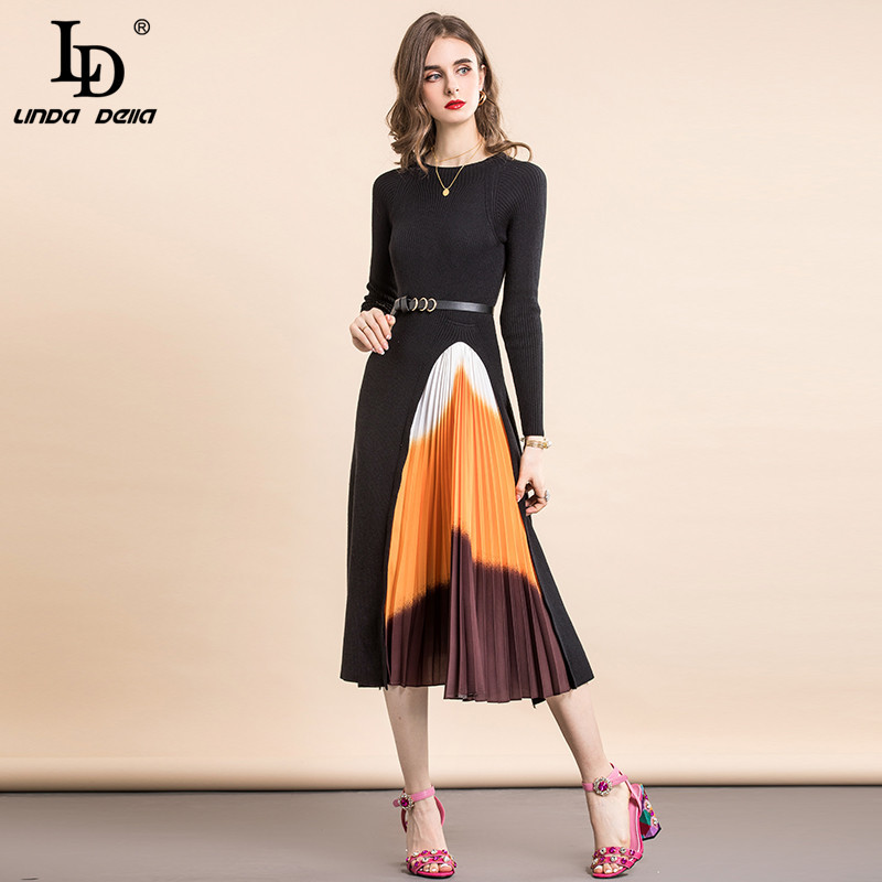 Spring Autum Fashion Runway Vintage elastic Knitted Dress Women Long Sleeve Patchwork Pleated Elegant Midi 210522