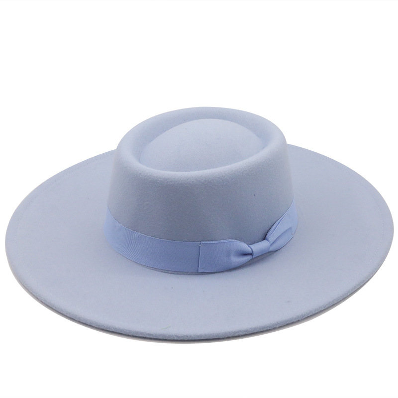 95 Cm Wide Brim Plain Black Flat Top Hat Boater Women Wool Fedora Felt Hats with Bowknot Vintage Church Wedding Panama Cap261m6463