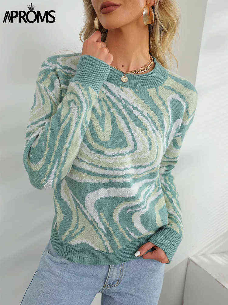 Aproms Elegant Green Tie Dye Knitted Sweater and Pullovers Women Winter Long Sleeve Warm Ribbed Jumper Female Slim Top 211218wtt