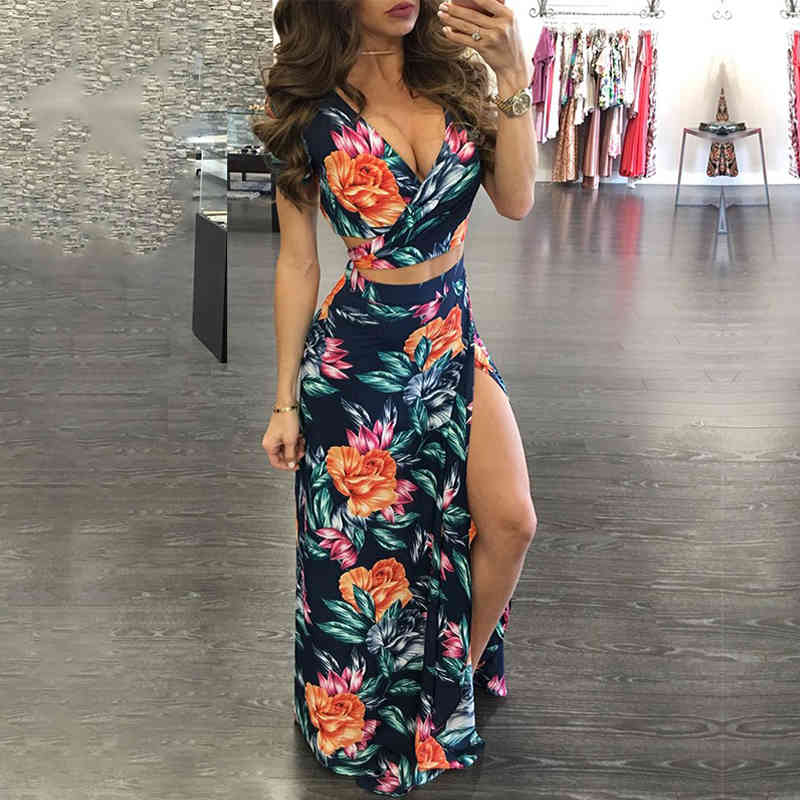 Sexy 2 Pieces Floral Printed Bikini Cover-ups Boho Long Summer Dress Vintage Tunic Women Beach Wear Swim Suit Cover Up A863 210420