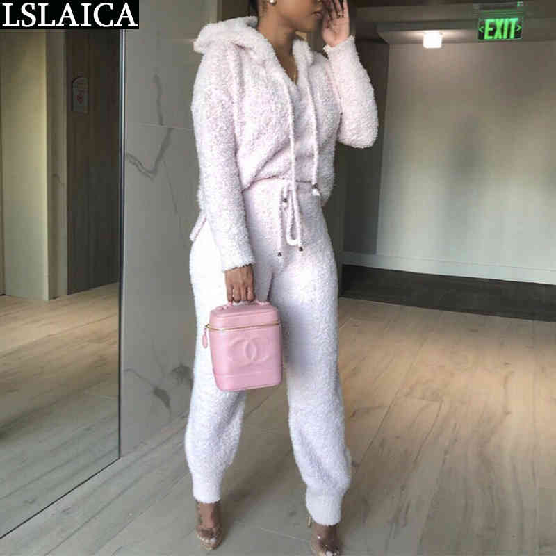 2 Piece Set Women Autumn Winter Lounge Wear Fashion Hooded Long Sleeve Tops Drawstring Pants Sets Casual Outfits for 210515