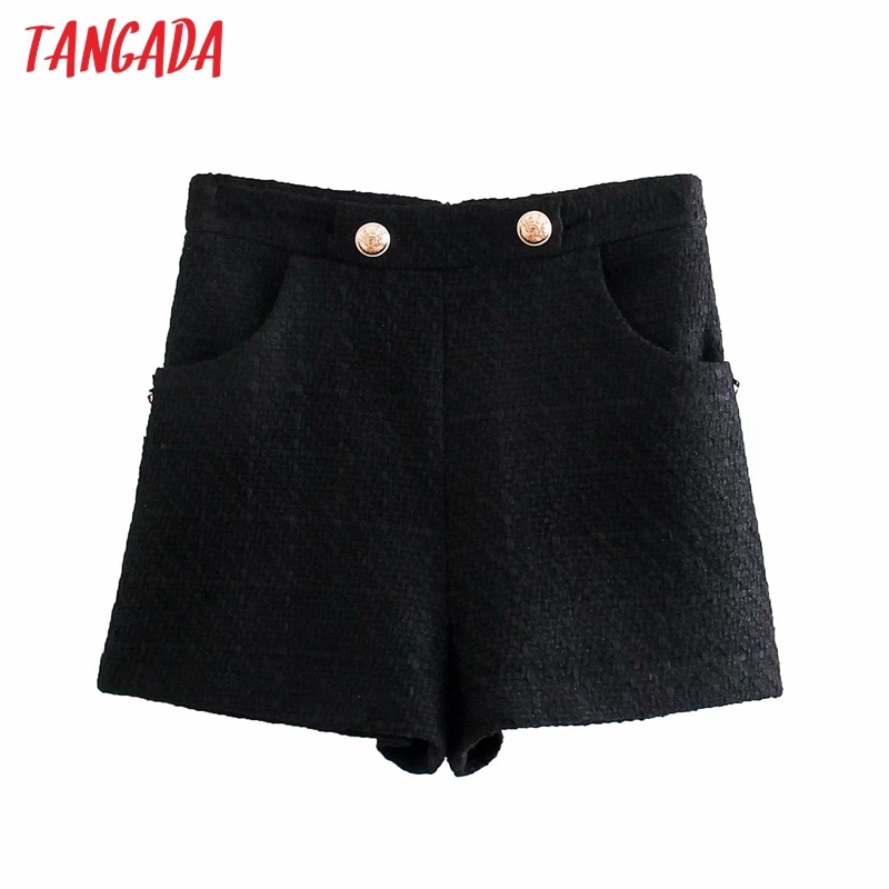 Women Elegant Black Tweed Buttons Decorate Zipper Pockets Female Retro Casual Shorts Pantalones 4M04 210416