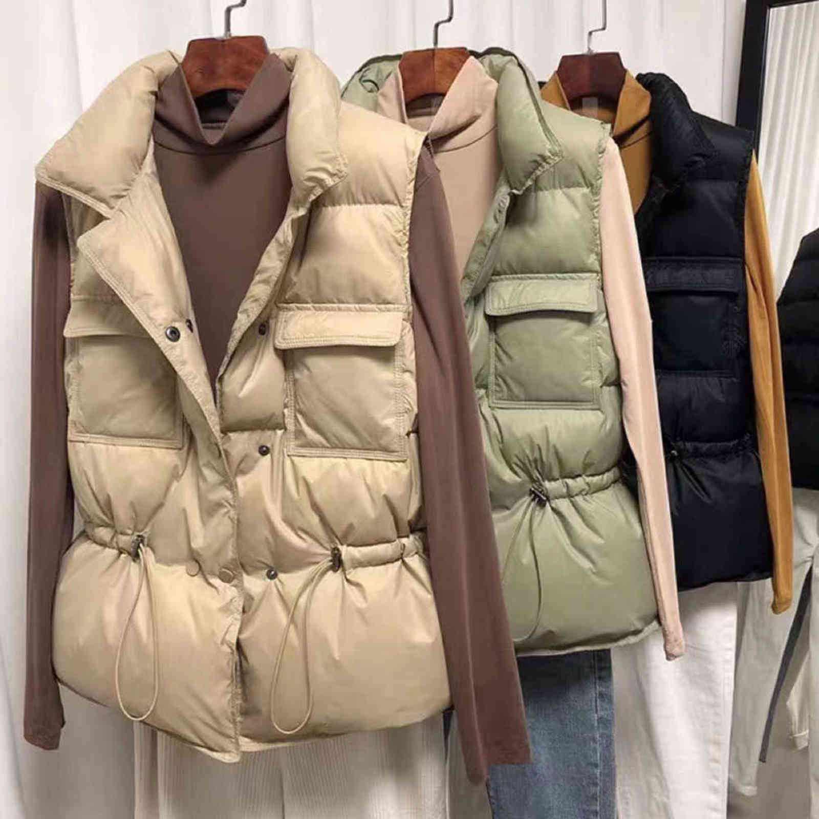 Padded Vest Women Winter Sleeveless bright down jacket Oversized quilted Coat Stand Collar Cardigan Drawstring Outerwear Chic 211120