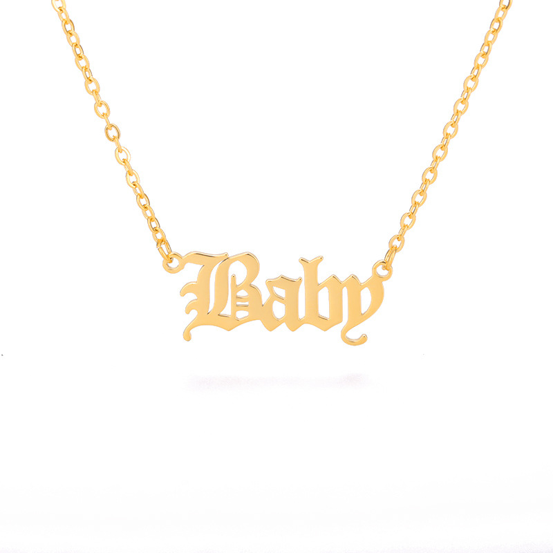 30PCS Old English Letter Word Baby Necklaces Stainless Steel Initial Alphabet Name Logo Pendant Charm Chain Minimalist Collar Choker Jewelry for Women