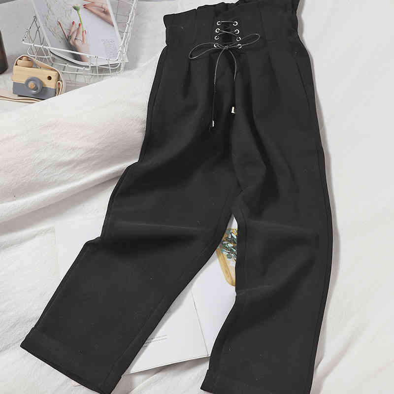 Nomikuma Autumn Winter Woolen Women Pants Korean Cross Lace Up High Waist Ankle Trousers New Solid Straight Pants 6D083 210427