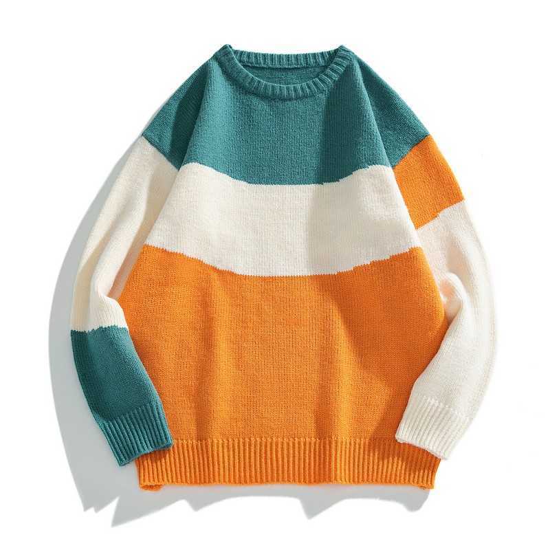 Sweater Men Streetwear Hip Hop Autumn Pull Spandex O-neck Oversize Couple Stitching Male Tops Vintage Knittwear Sweaters 211018