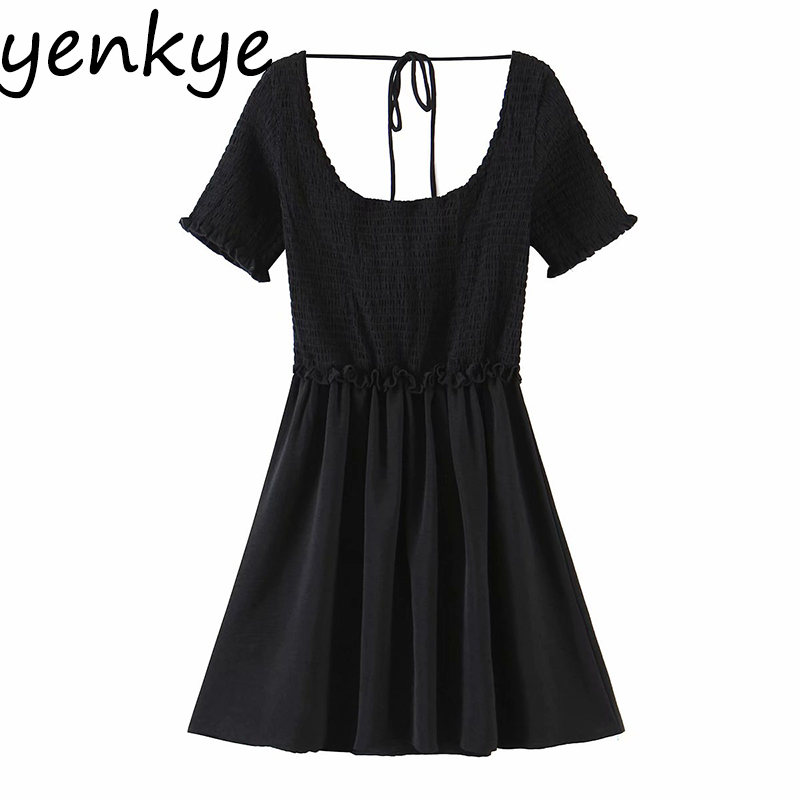 Summer Women Sexy Backless Vintage Black Dress Female O Neck Short Sleeve Casual Elegant Dresses Party Mini Vestido 210430