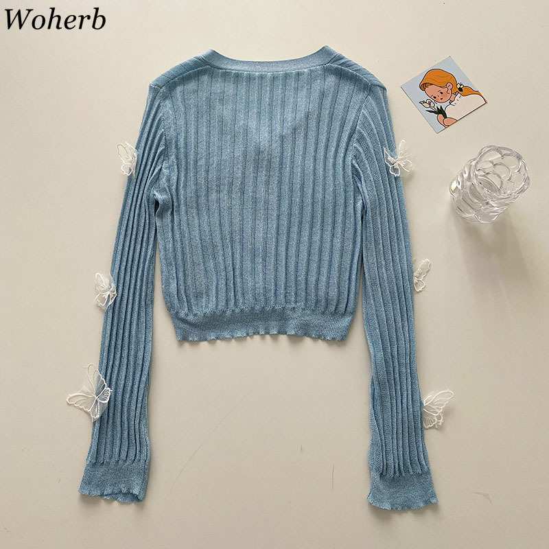 Knitted Thin Sweater Women Korean 3D Butterfly V Neck Long Sleeve Cardigan Coat Sun Protection Slim Cropped Tops 4j307 210519