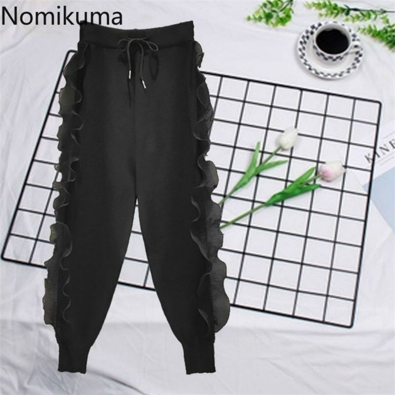 Nomikuma Autumn Winter Knitted Harem Pants Korean Ruffle Patch Long Trousers Causal Lace Up High Waist Sweater 6D433 211115