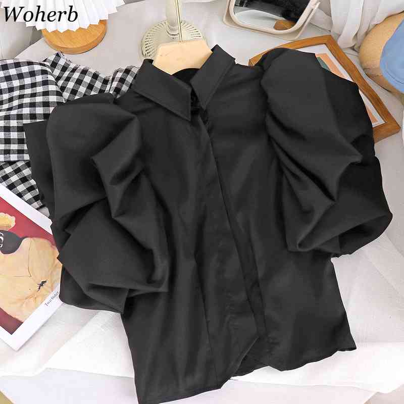 Vintage Ruffles Women Blouse Turn Down Collar Butterfly Short Sleeve Loose Shirts Elegant Chiffon Single Breasted Tops 210422